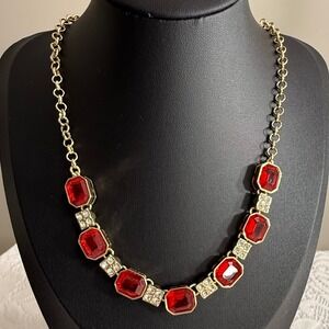 Charter Club Necklace Red Gemstone Gold Tone Statement